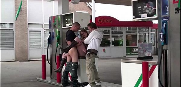  Extreme PUBLIC threesome with a very pregnant girl at a gas station